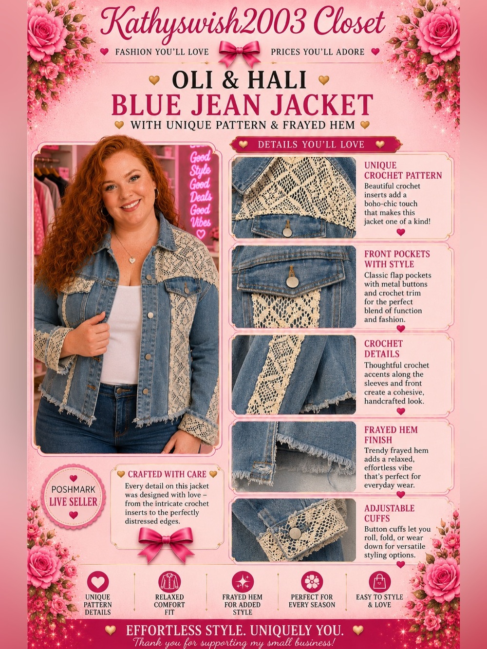Oli & Hali Blue Jean Jacket with Unique Pattern and Frayed Hem - Picture 3 of 16